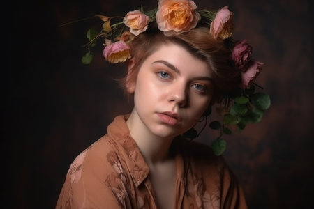 genderqueer, fashion and portrait of a person creative, unique or trendy in a studio, created with generative aiの素材