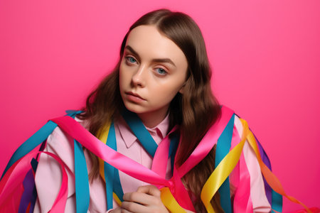 studio shot of a young person wearing colorful ribbons against a pink background, created with generative aiの素材