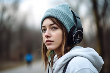 skateboard, fashion and portrait of a girl in a park doing sports while listening to music, created with generative aiの素材