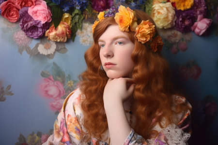 renaissance, rainbow aesthetic and portrait of a young transgender person in studio, created with generative aiの素材