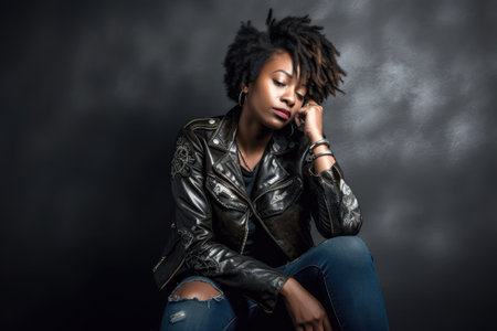 fashion, black woman and rocker portrait for grunge style in studio wearing a leather jacket, created with generative aiの素材