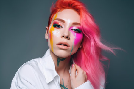 beautiful gender fluid person in a white outfit with colorful makeup and pink hair, created with generative aiの素材