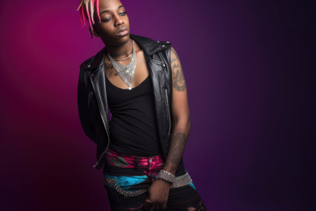 gender fluid, rock star and black man in studio with hand on hip, punk clothing and fashion statement, created with generative aiの素材