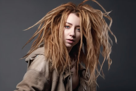 fashion, portrait and a model with dreadlocks in a studio on gray background for natural texture, created with generative aiの素材