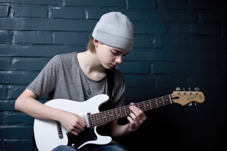 alternative white teen boy wearing a hat and playing guitar against a gray wall, created with generative aiの素材