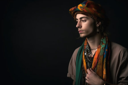 gender neutral, fashion and man with black background for bohemian style in trendy retro clothing, created with generative aiの素材