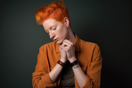 gender neutral, fashion and portrait of a person holding their hands on their in studio, created with generative aiの素材