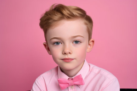 studio shot of a young boy wearing makeup against a pink background, created with generative aiの素材