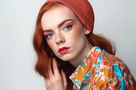fashion, makeup and pretty portrait of a gender fluid person wearing colorful clothing isolated on white, created with generative aiの素材