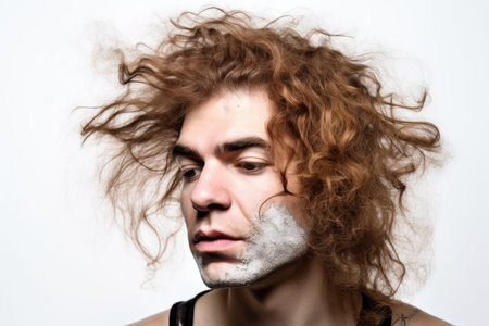 portrait, rocker and makeup with a man with hair isolated on a white background in studio, created with generative aiの素材