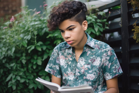 mixed race and gender neutral teenager wearing a shirt reading fashion blogging on blog site, created with generative aiの素材