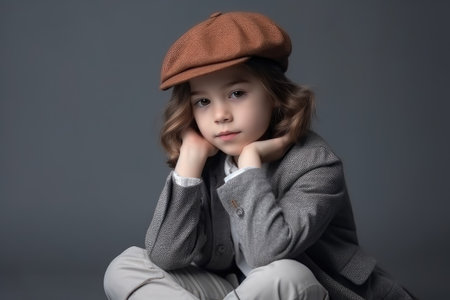 gender neutral, fashion child model and trendy clothes on grey background in studio, created with generative aiの素材