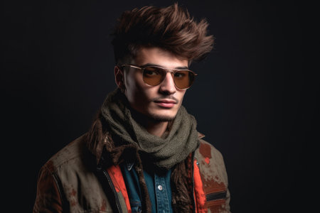 portrait, fashion and man on a background in studio for style, casual or punk outfit, created with generative aiの素材
