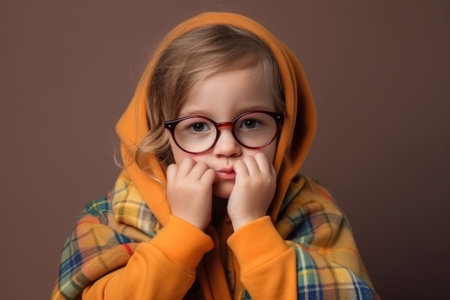 gender neutral child, fashion and glasses from portrait mockup with hand on face, created with generative aiの素材