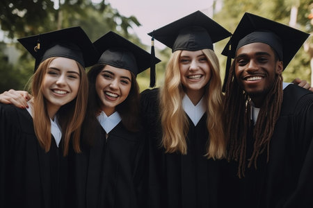 portrait of a group of friends looking happy while celebrating their graduation, created with generative aiの素材