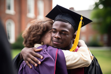 shot of a graduate hugging his mom, created with generative aiの素材