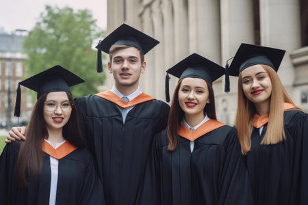 portrait of a group of university students standing together on graduation day, created with generative aiの素材