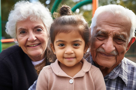 young girl at a park with grandparents, created with generative aiの素材