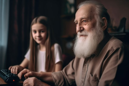 family, video game and happy grandfather with granddaughter playing online game together at home, created with generative aiの素材