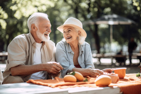shot of a cheerful senior couple out for a lunch date at the park, created with generative aiの素材