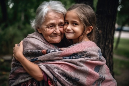 love, grandmother and hug of a girl in a park on vacation, holiday or weekend together, created with generative aiの素材