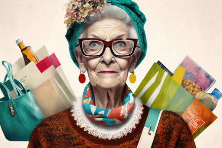 woman, senior and weekend with internet, cheerful and ecommerce for sales or discount shopping, created with generative aiの素材