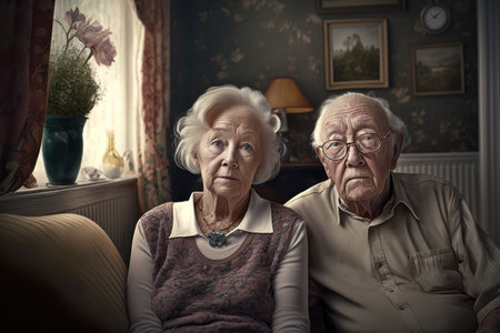 shot of a senior couple sitting together in the lounge at home, created with generative aiの素材