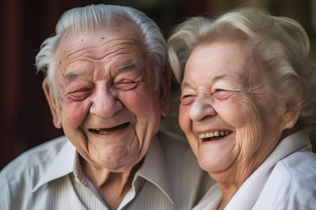 portrait of adorable senior couple laughing while at a retirement home, created with generative aiの素材