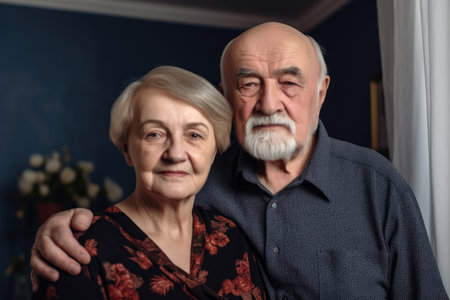 portrait of senior caucasian couple standing together at home, created with generative aiの素材