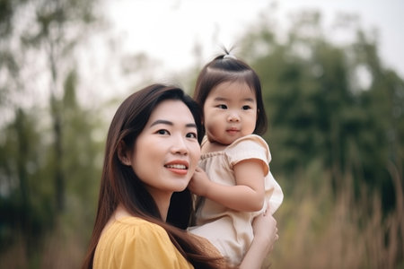 woman, smile and piggy back on portrait with love, care and affection for mother baby together, created with generative aiの素材