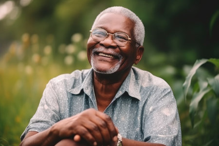 black grandpa, smile and portrait of a senior person happy with his happiness on outdoor grass, created with generative aiの素材