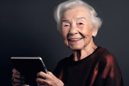 senior woman, smile or tablet with a mockup of advertising or social media website, created with generative aiの素材