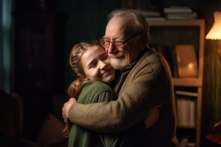 grandpa, girl and hug with love at home in family house living room, created with generative aiの素材