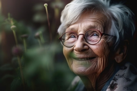 happy grandmother, portrait and smile of a senior person with love for bonding in the garden, created with generative aiの素材