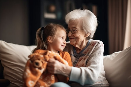shot of a happy grandmother and grandchild spending time together at home, created with generative aiの素材