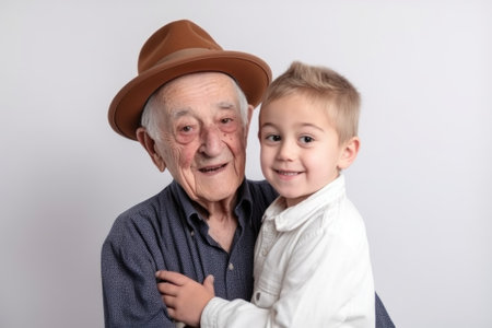 studio shot of an adorable grandfather and grandchild posing against a white background, created with generative aiの素材