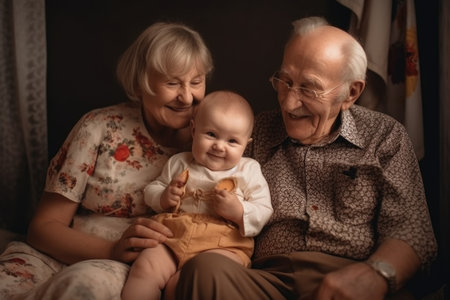 love, grandparents and baby with hug, smile and sitting on floor together, created with generative aiの素材