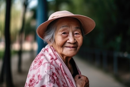 elderly woman, love and hug in park to relax after retirement or freedom with smile on face, created with generative aiの素材