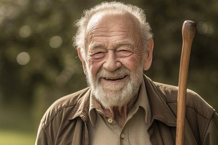 a senior man with a walking stick smiling at you, created with generative aiの素材