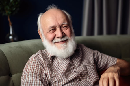 portrait of a cheerful senior man relaxing on the couch at home, created with generative aiの素材