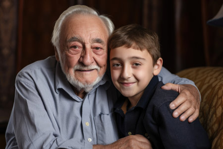 portrait of a happy senior man with his grandson at home, created with generative aiの素材