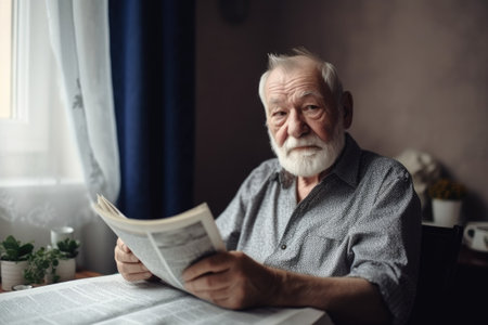 portrait of a senior man relaxing with a cup of coffee while reading the newspaper at home, created with generative aiの素材