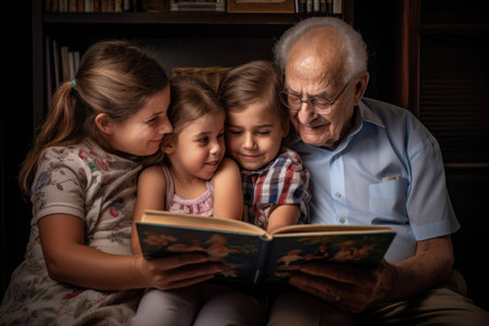 two grandparents hugging their grandchildren as they read them a story, created with generative aiの素材