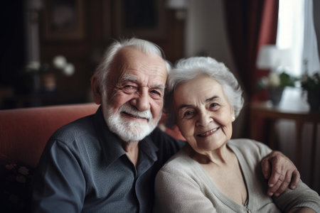 portrait of a smiling senior couple relaxing in the lounge at home, created with generative aiの素材