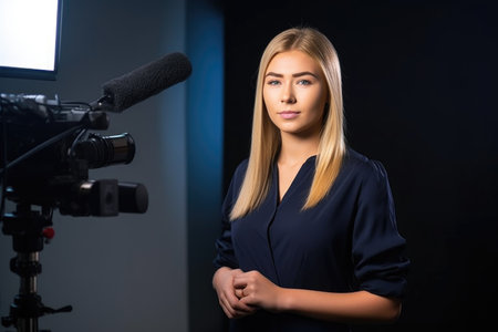 portrait of a young female reporter standing in the studio with her microphone, created with generative aiの素材