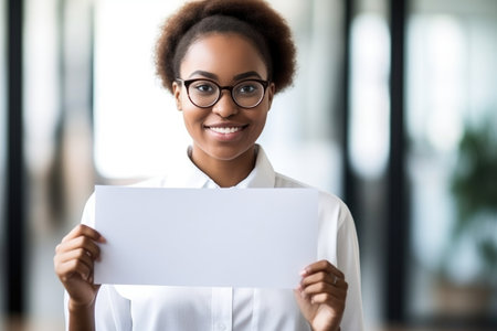 shot of a young woman holding up a blank placard, created with generative aiの素材