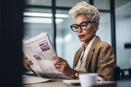 shot of a woman reading newspapers in the office, created with generative aiの素材