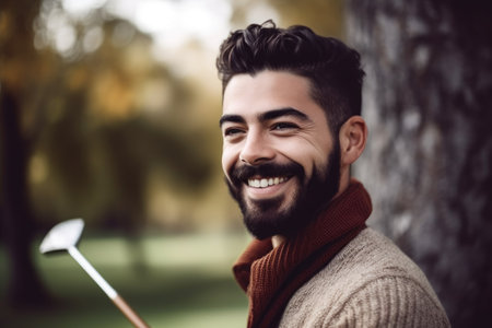 portrait of a cheerful young man golfing, created with generative aiの素材