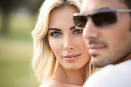 closeup shot of a golfer on the green with an attractive woman beside him, created with generative aiの素材