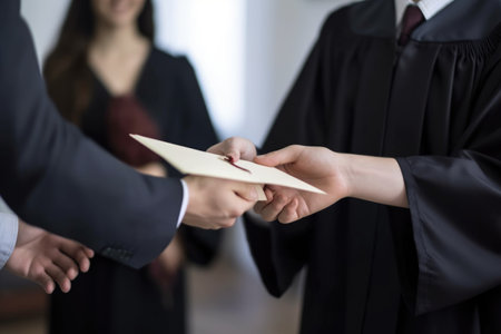 cropped view of a graduate holding up his diploma in one hand and shaking hands with a teacher, created with generative aiの素材